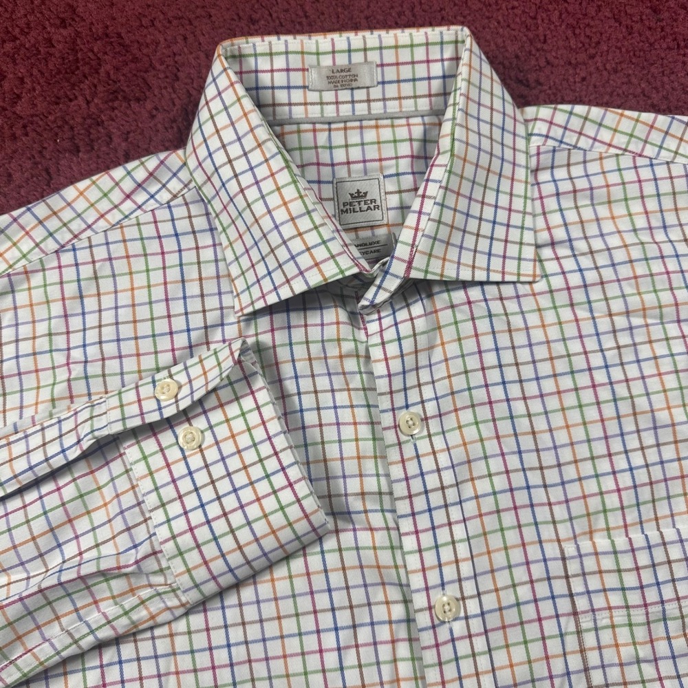 Peter Millar Dress Shirt Mens L White Multi Tattersall Nanoluxe Easy Care L/S